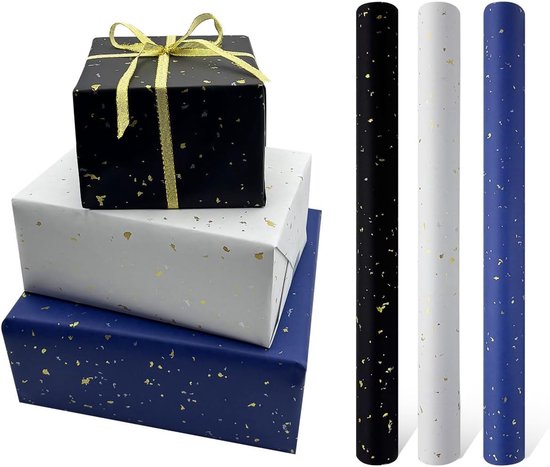 3 Rolls of Birthday Wrapping Paper - 43cm x 3m Per Roll - Blue, White & Black - Large Roll of Recyclable Paper - Image 1