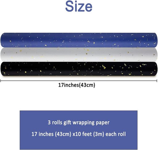 3 Rolls of Birthday Wrapping Paper - 43cm x 3m Per Roll - Blue, White & Black - Large Roll of Recyclable Paper - Image 3
