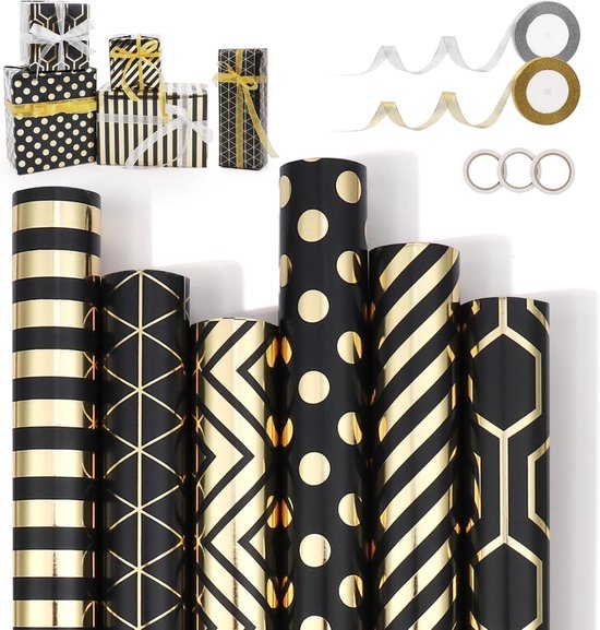 Wrapping Paper Set - 6 Rolls Gold & Black Christmas - Includes Ribbon & Stickers - 43x300 cm Per Roll - Image 1