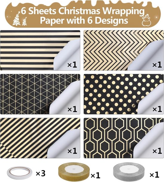 Wrapping Paper Set - 6 Rolls Gold & Black Christmas - Includes Ribbon & Stickers - 43x300 cm Per Roll - Image 4