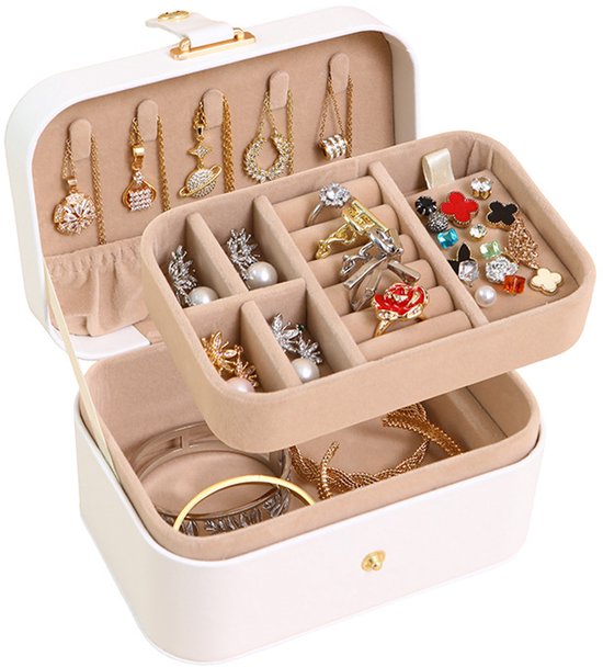 Travel Jewelry Case - 2 Layers with Velvet & Detachable Compartments - For Necklaces, Earrings & Bracelets - White - Image 1