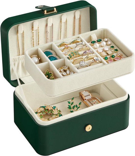 Travel Jewelry Case - 2 Layers with Velvet & Detachable Compartments - For Necklaces, Earrings & Bracelets - Green - Image 1