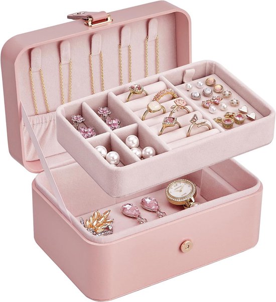 Travel Jewelry Case - 2 Layers with Velvet & Detachable Compartments - For Necklaces, Earrings & Bracelets - Pink - Image 1