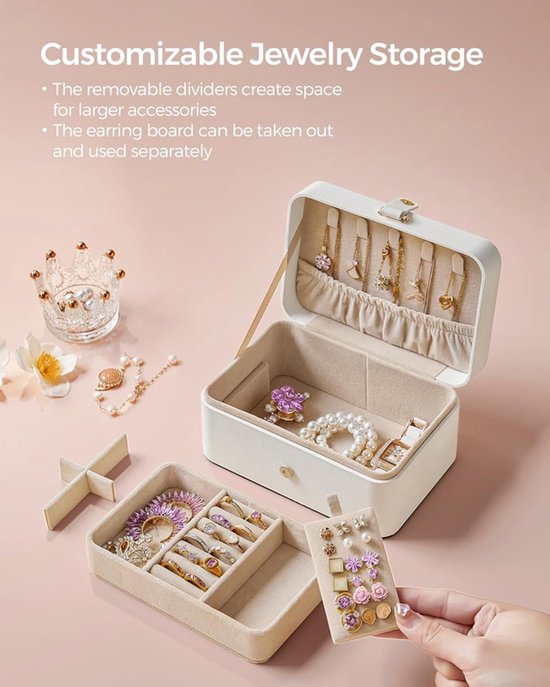 Travel Jewelry Case - 2 Layers with Velvet & Detachable Compartments - For Necklaces, Earrings & Bracelets - Pink - Image 5