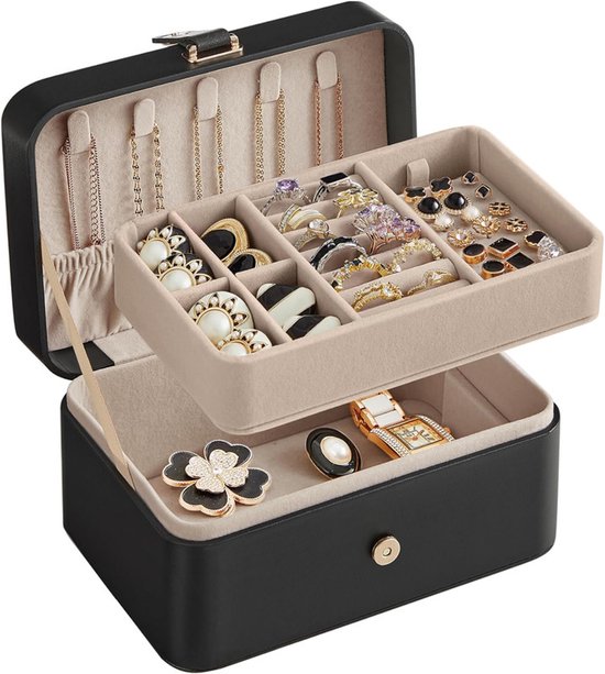 Travel Jewelry Case - 2 Layers with Velvet & Detachable Compartments - For Necklaces, Earrings & Bracelets - Black - Image 1