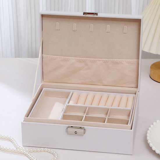 2-Tier Jewelry Box - With Removable Drawer & Lock - Large Storage Capacity for All Jewelry - White - Image 1