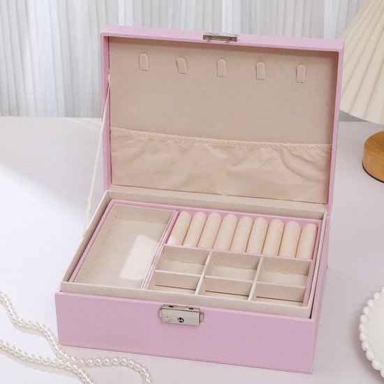 2-Tier Jewelry Box - With Removable Drawer & Lock - Large Storage Capacity For All Jewelry - Pink - Image 1