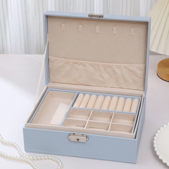 2-Tier Jewelry Box - With Removable Drawer & Lock - Large Storage Capacity for All Jewelry - Blue - Image 1