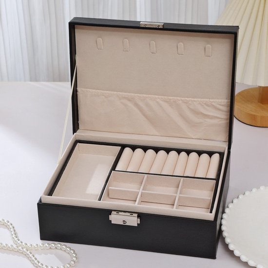 2-Tier Jewelry Box - With Removable Drawer & Lock - Large Storage Capacity for All Jewelry - Black - Image 1