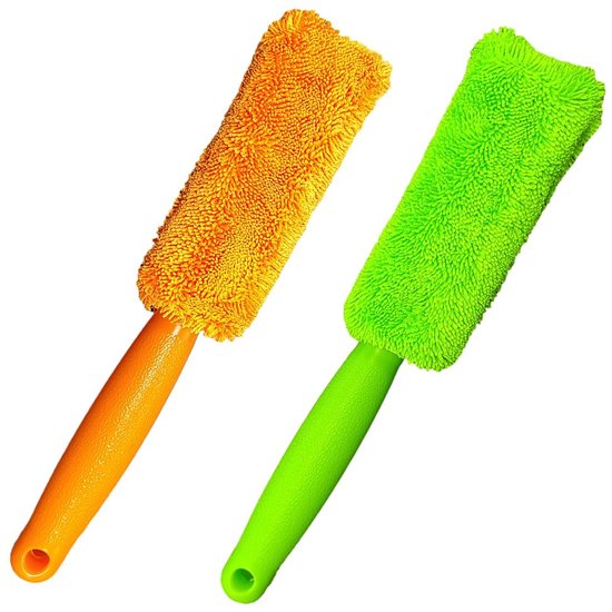 Brushes - Set of 2 soft microfiber metal-free car rim and wheel brushes - Scratch-free tire brushes - for cleaning wheels - Universal accessory for washing car tires (orange and green) - Image 1