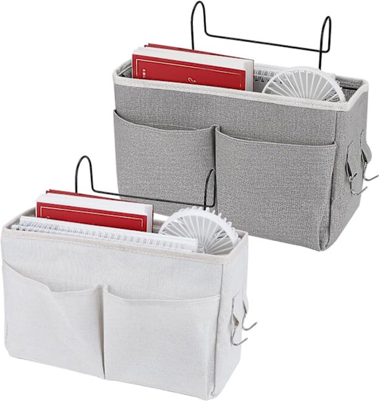 Bedside Organizer - Waterproof Canvas Bedside Organizer - Hanging Bedside Basket - For Home, Office & School Bedside Tables (Gray, White) - Image 1