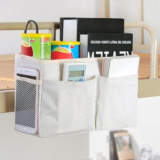 Bedside Organizer - Waterproof Canvas Bedside Organizer - Hanging Bedside Basket - For Home, Office & School Bedside Tables (Gray, White) - Image 2