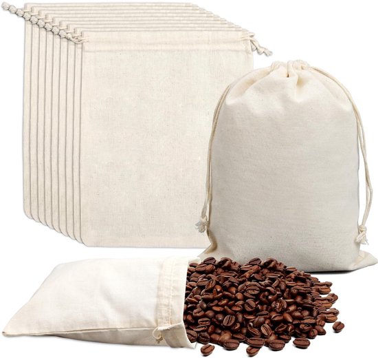 Storage Bags - Fabric Bags 20 x 15 cm - Pack of 15 Cotton Bags - Linen Drawstring Bags - Small Reusable Gift Bags - Cotton Bags - Canvas Bags - DIY - Coffee - Image 1