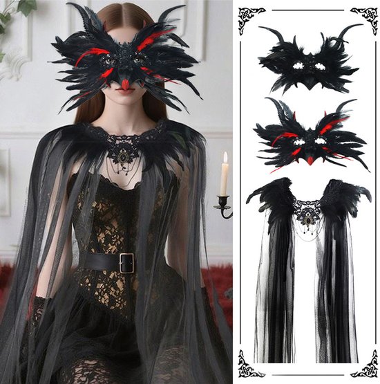 Mask - New for Halloween - Gothic Style - Mask with Decorative Feather Lace - Devil's Horn Mask - Role-playing Prop - Image 3