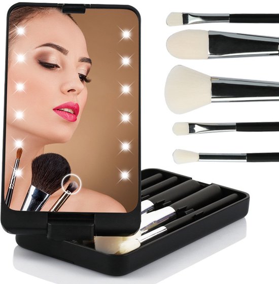 LED Makeup Mirror - Lighted Mirror - Set of 5 Makeup Brushes - Makeup Brush Storage Box - Cover - Dustproof - Black - Image 1