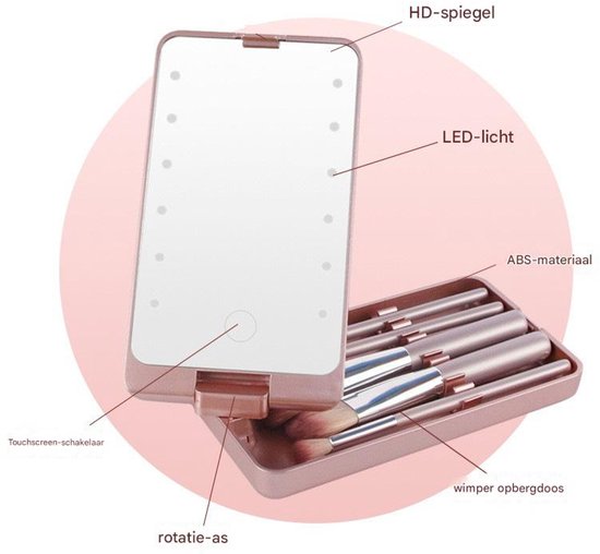 LED Makeup Mirror - Lighted Mirror - Set of 5 Makeup Brushes - Makeup Brush Storage Box - Cover - Dustproof - Black - Image 3