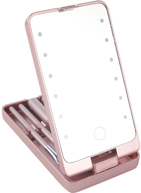 LED Makeup Mirror - Lighted Makeup Mirror - Set of 5 Makeup Brushes - Brush Storage - Cover - Dustproof - Pink - Image 1