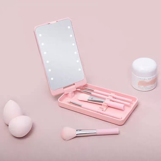 LED Makeup Mirror - Lighted Makeup Mirror - Set of 5 Makeup Brushes - Brush Storage - Cover - Dustproof - Pink - Image 3