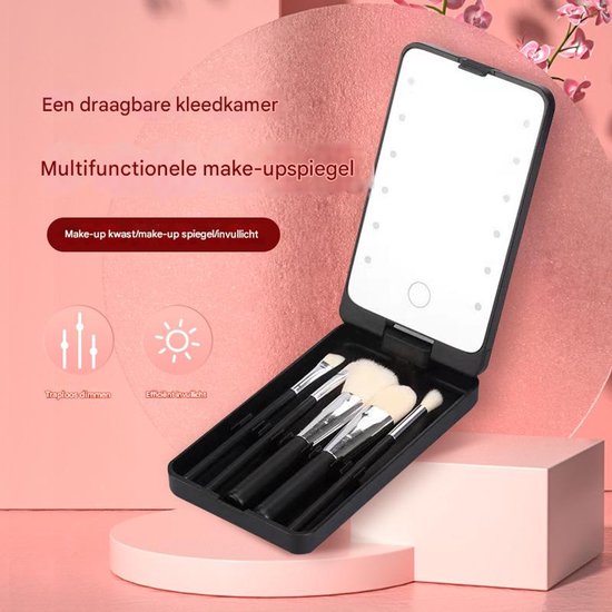 LED Makeup Mirror - Lighted Makeup Mirror - Set of 5 Makeup Brushes - Brush Storage - Cover - Dustproof - Pink - Image 4