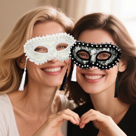 Masks - Halloween Half Face Pearl Lace Ribbon Mask - Masquerade Cosplay Party - Photography Props - 2 Items - Image 1