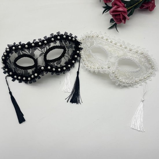Masks - Halloween Half Face Pearl Lace Ribbon Mask - Masquerade Cosplay Party - Photography Props - 2 Items - Image 2