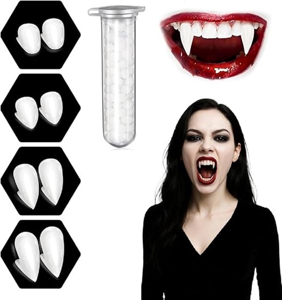 Set of 4 pairs of vampire teeth - 4 sizes - Halloween cosplay vampire teeth - Includes 5g teeth gum - Great for cosplay at parties - Halloween - Demon - Witch - Image 1