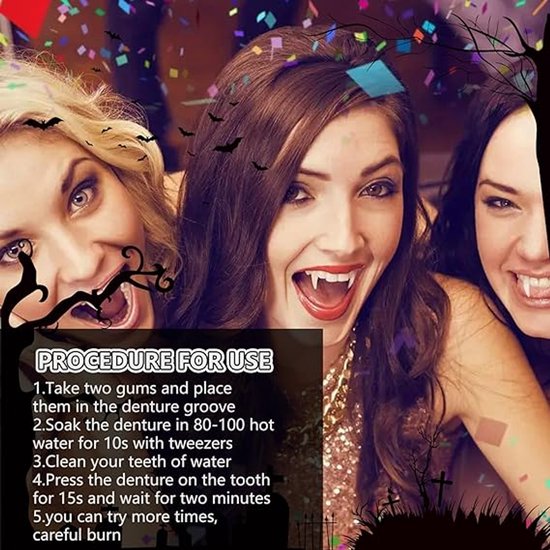 Set of 4 pairs of vampire teeth - 4 sizes - Halloween cosplay vampire teeth - Includes 5g teeth gum - Great for cosplay at parties - Halloween - Demon - Witch - Image 2