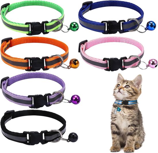 6-pack cat collars - cat collars with safety buckle - pet collars - dog collars - cat collars with bells - reflective cat collars - adjustable cat collars - Image 1