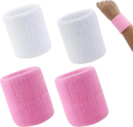 4-Pack Sweat-Wicking Wristbands - Super Stretch Cotton Sports Wristbands - Sweat-Wicking Wristbands - For Tennis, Sports, Basketball, Gymnastics - (Pink and White) - Image 1