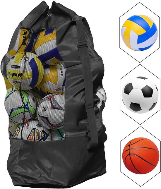 Soccer Net Bag for 10-15 Balls - Large Waterproof, Sturdy Tennis Shoulder Pad, Football-Basketball-Volleyball Bag, Drawstring Handbag - Black - Image 1