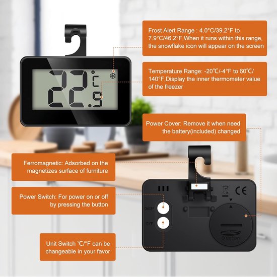 Set of 3 digital refrigerator thermometers - Magnetic aquarium thermometer with hook - Mini refrigerator thermometer - Freezer thermometer - for home, restaurant, bar - Black - Image 6