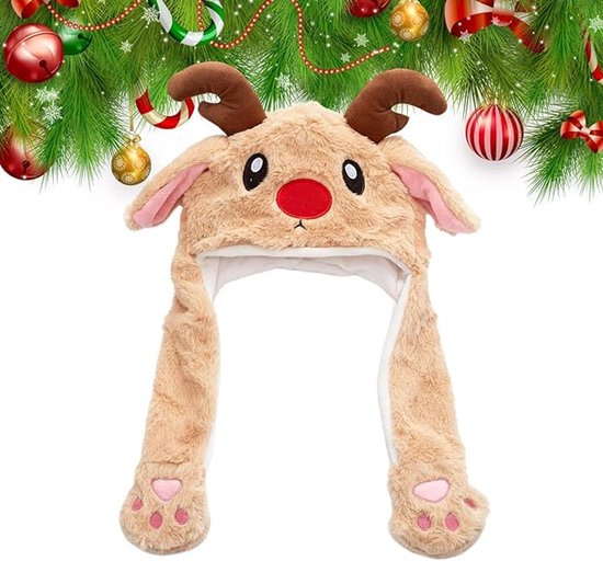 Hats - Santa Hats - Plush Santa Hats - Cute Bouncy Ear Warmers - Interactive Animation Design - Suitable for Cosplay, Parties, Music Festivals, Costumes and Accessories - Christmas Gifts - Birthday Gifts - Image 1