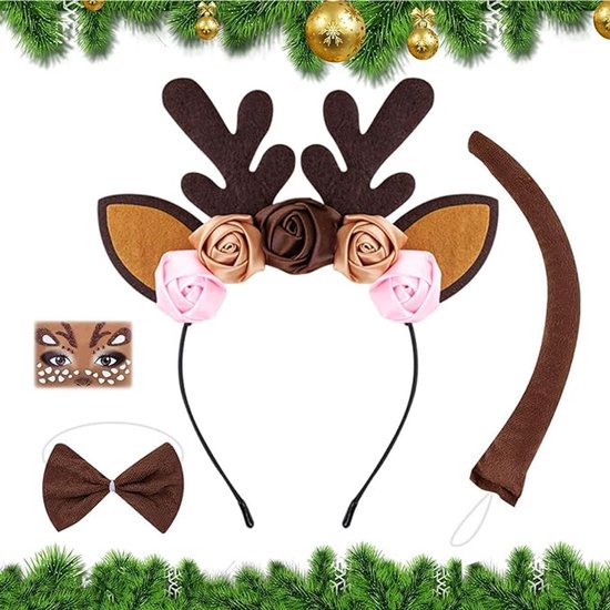 Headband - Elk Ears - Great for a Masquerade - Christmas Reindeer Headband and Tail - Perfect for Winter, Holidays, Halloween, Parties and Cosplay Costumes - Image 1