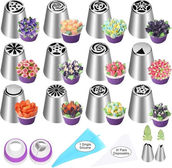set of 27 cake decorating tips - 12 flower-shaped tips - cake decorating tip set - baking supplies for cookies and cupcakes - 2 leaf-shaped tips - 2 adapters - 10 piping bags - Image 1