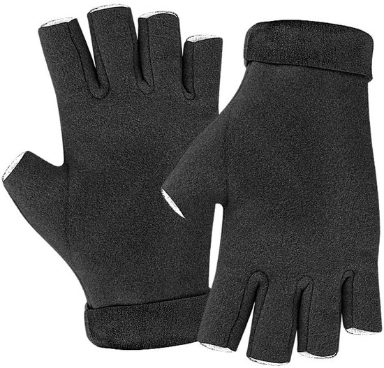 A pair of fingerless insulated gloves - One size fits all - Warm and protective - Cozy and comfortable - Winter outdoor wear - Suitable for eating, typing, writing and turning pages - Black - Image 1