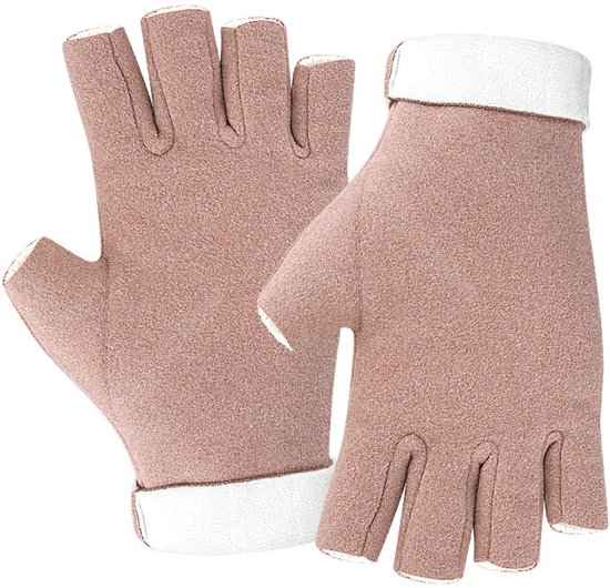 A pair of fingerless insulated gloves - One size fits all - Warm and protective - Cozy and comfortable - Winter outdoor wear - Suitable for eating, typing, writing and turning pages - Pink - Image 1