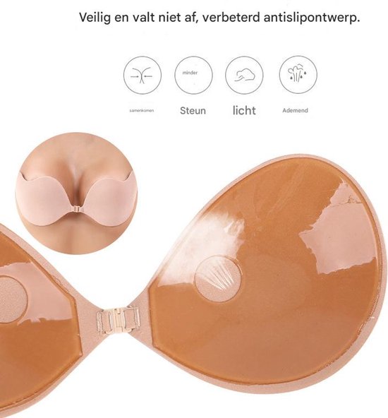 1 round bra cup - strapless invisible silicone - transparent push-up bra - seamless design - front closure - beige - C - Image 2