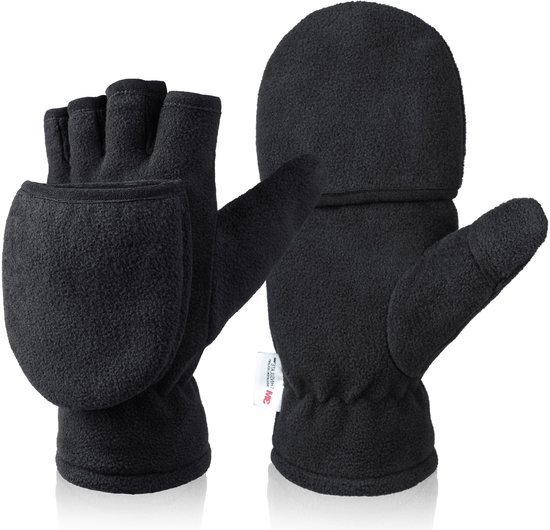 Unisex warm fleece gloves with fold-over top - Half-finger gloves - Warm gloves - Half-finger design - Suitable for writing, cycling, photo sessions with your partner - Winter gloves - Winter gift - Warm - Black XS - Image 2