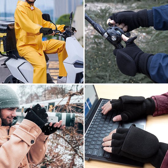 Unisex warm fleece gloves with fold-over top - Half-finger gloves - Warm gloves - Half-finger design - Suitable for writing, cycling, photo sessions with your partner - Winter gloves - Winter gift - Warm - Black XS - Image 4