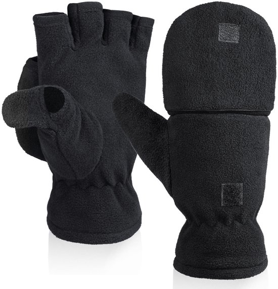 Unisex warm fleece gloves with fold-over top - Half-finger gloves - Warm gloves - Half-finger design - Suitable for writing, cycling, photo sessions with your partner - Winter gloves - Winter gift - Warm - Black L - Image 1