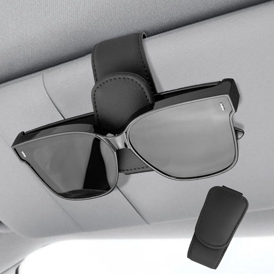 Car sun visor glasses holder - magnetic leather sunglasses holder - car sun visor accessories - bill holder (black) - Image 1