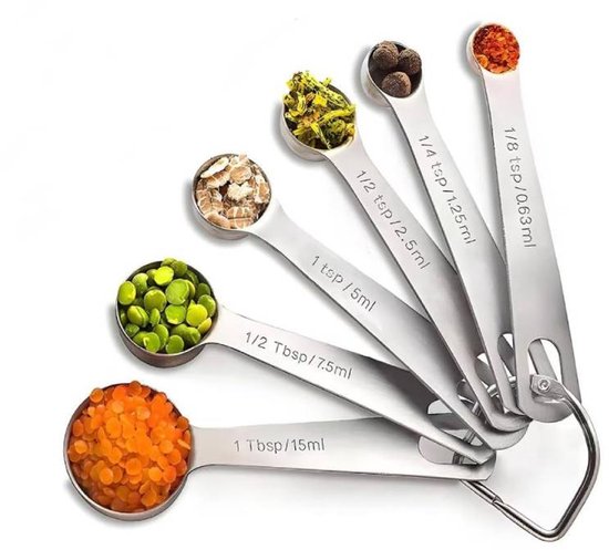 Set of 6 stainless steel measuring spoons - Includes teaspoon, tablespoon and measuring spoon - Suitable for liquids and dry ingredients - Kitchen and baking utensils - Can be stored in spice jars - Image 1