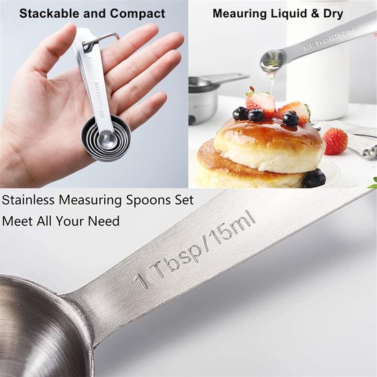 Set of 6 stainless steel measuring spoons - Includes teaspoon, tablespoon and measuring spoon - Suitable for liquids and dry ingredients - Kitchen and baking utensils - Can be stored in spice jars - Image 2