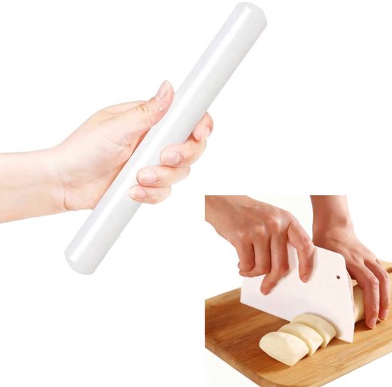 Rolling pin and dough cutter (2-piece) - 33 cm long - White - Diameter 3.5 cm - Suitable for baking - Can be used to roll out puff pastry, pie crusts or cookie dough - Smooth and easy-to-clean surface - Mould-resistant rolling pin - Image 1