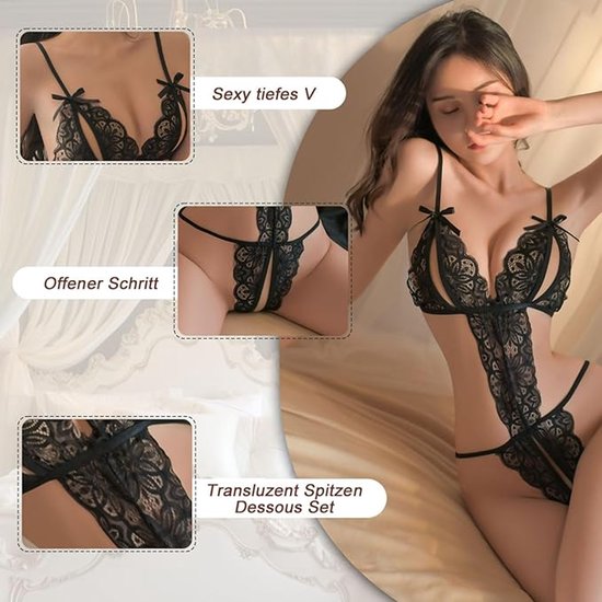 Women's Sexy Lingerie Set - Sexy Bodysuit - Women's Nightgown - Sexy Nightgown - Semi-sheer Lace-Up Front Panel - Adjustable Off-the-Shoulder Bra - Perfect Sexy Lingerie - Valentine's Day Gift - Size M - Black - Image 2