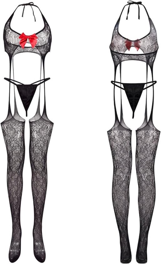Lingerie sets - Sexy women's fishnet body with stockings - Transparent body - Lingerie set with bow and garter belt - Lace panties - Transparent babydoll lingerie with bra - Mesh nightgown with thong - Valentine's Day gift - Image 3