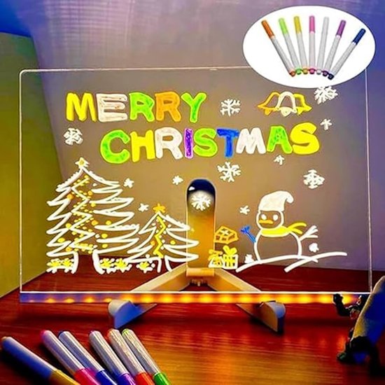 Drawing board - Colored LED whiteboard - Illuminated acrylic whiteboard - Illuminated memo board stand - Glass panel with LED lights and 7 pens - For school and home use respectively - 30x20cm - Image 1