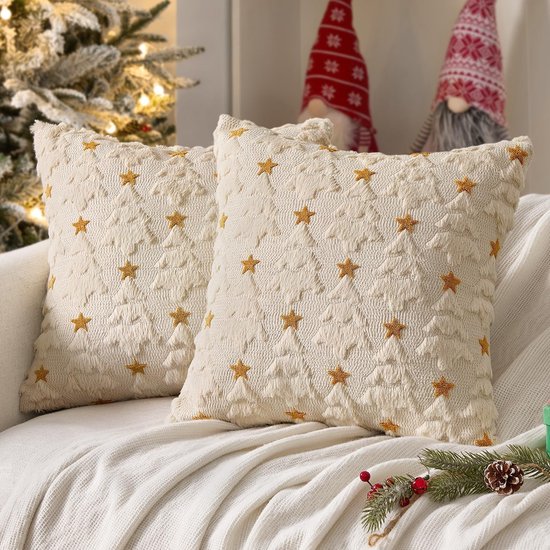 Christmas Pillowcases - 2-pack - White - Winter - White Christmas tree and star pattern - Sofa decoration - 45x45 cm (pillowcase not included) - Image 1