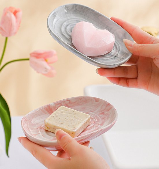 Soap Dish - Ceramic Soap Dish - Non-slip Marble Soap Dish - Bathroom Soap Holder - Suitable for Bathroom, Shower, Kitchen, and Travel - Pink - Image 3