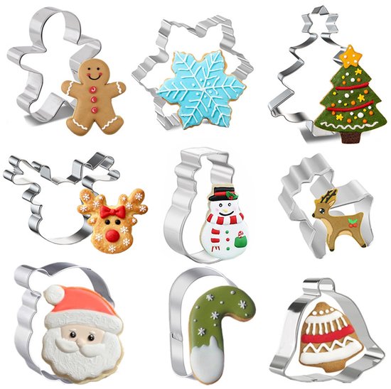 Cookie Cutters - 9 Pieces - Christmas Cookie Cutters - Baking Molds - Christmas Tree/Snowman/Bell/Reindeer Cookie Cutters - Stainless Steel Baking Molds - Image 1